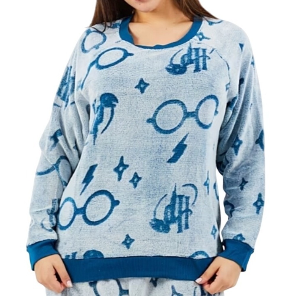 HARRY POTTER Pajama Top Women L Blue Sleepwear Lounge‎ Wear Stretch Comfy Warm